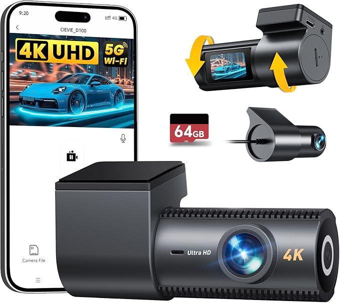 4K Dash Cam Front and Rear, 64GB SD Card, 1.5” IPS Display Car Camera, 5Ghz WiFi+App Control, Night Vision, 24H Parking Mode,