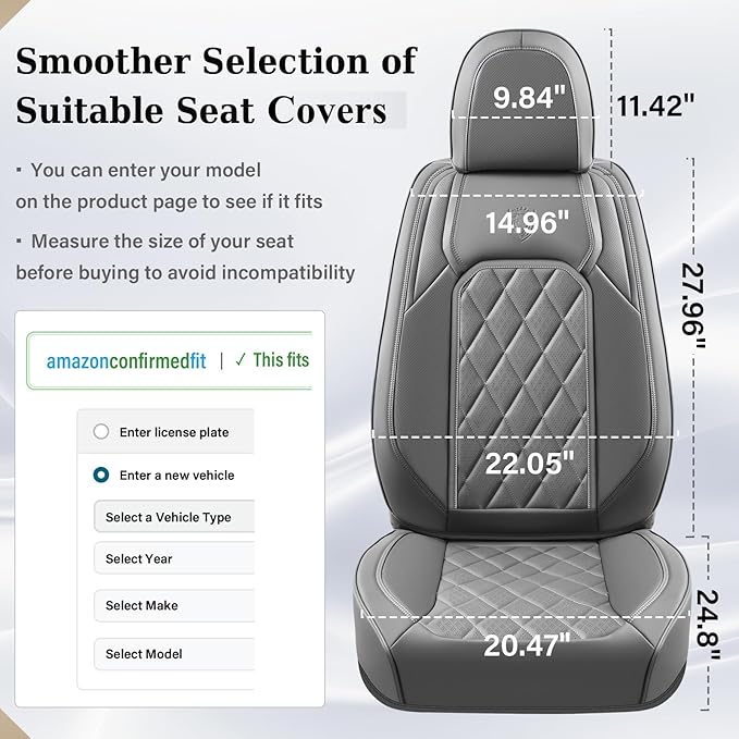 Coverado Car Seat Covers Full Set, Luxury Faux Leather Seat Covers for Cars, Waterproof Car Seat Protector, Gray Car Seat Cov