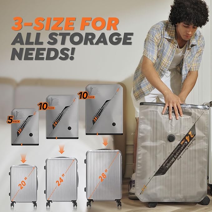 Vacbird Rechargeable Wireless Pump Travel Storage Bags Set - 25 Pack Portable Space Saver Bags for Travel & Home - Vacuum Com