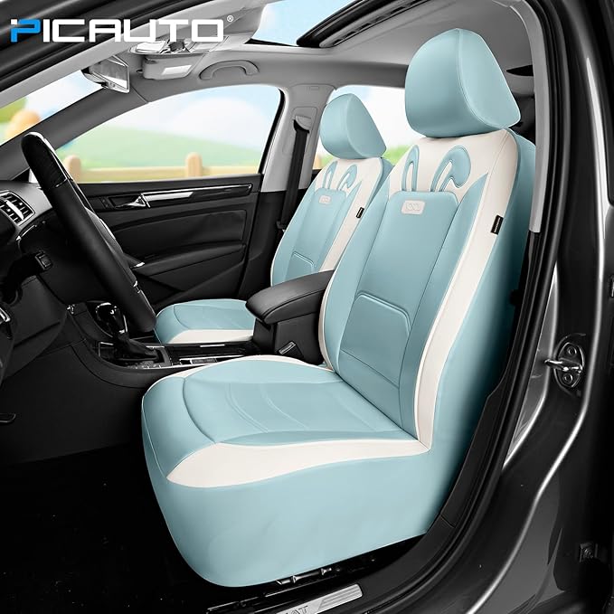 PIC AUTO Car Seat Covers, Cute Rabbit Premium Blue Leather Seat Covers, Universal Fit Front Seat Covers for Cars, Trucks, SUV