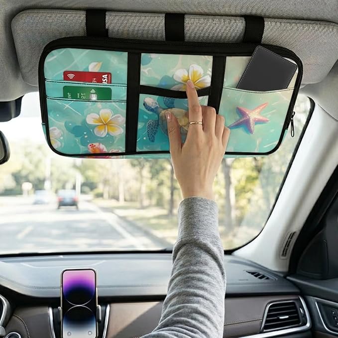 Summer Car Sun Visor Organizer Tactical Sunvisor Organizers with Zipper Storage Pouch Universal Accessories for Truck SUV,Summer Sea Turtle