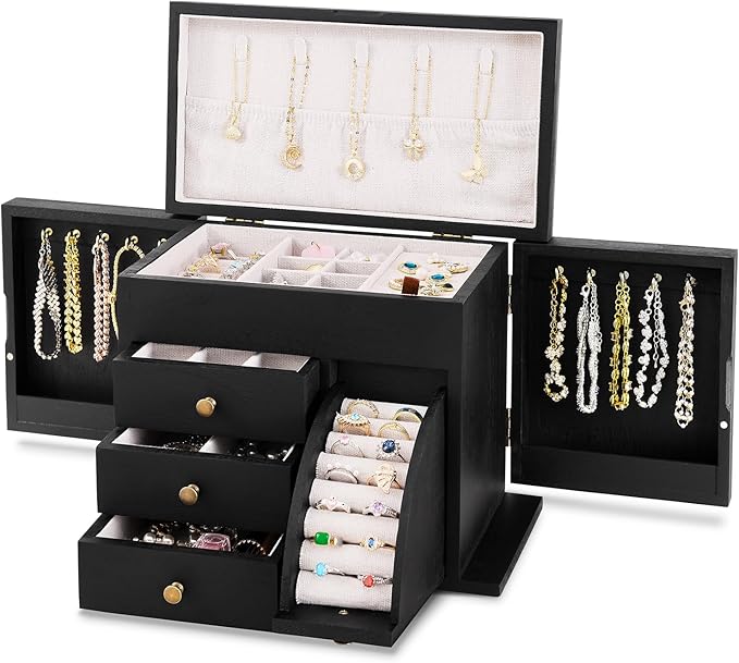 Poyilooo Jewelry Box Organizer, Solid Wood Jewelry Boxes for Women, Double Layer Jewelry Organizer Box Display Earring Neckla