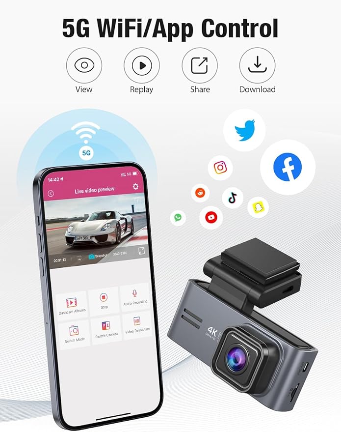 OMBAR Dash Cam 5G WiFi GPS, 3 Channel Dash Cam Front and Rear Inside 2K+1080P+1080P, 3.18" LCD Screen, 64GB Card Included, Du