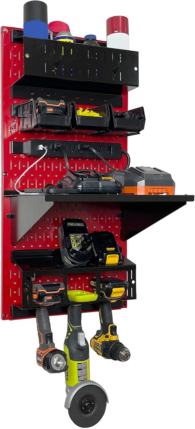 Wall Control Power Tool Storage Organizer Kit Cordless Drill Holder Charging Station Rack 16” x 32” Metal Pegboard Organizati