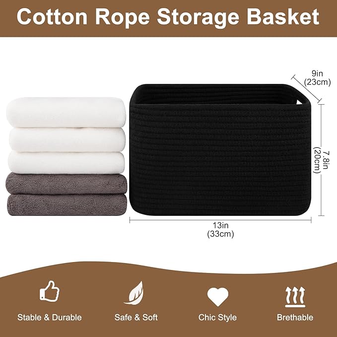 OIASKET Storage Baskets for Organizing, Woven Decorative Baskets for Shelves - Books, Towels, and Clothes, Cotton Rope Toy St