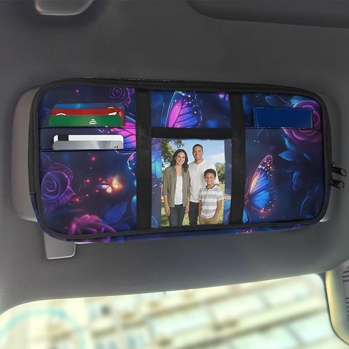 Purple Butterfly Car Sun Visor Organizer Scratch-Resistant Sun Visor Storage Pouch with Zipper, Gothic Auto Interior Accessories for Car, SUV, Truck Keep Your Vehicle Tidy