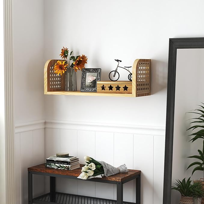 24 Inch Rattan Wall Shelf, Wooden Hanging Bookshelf Storage, Natural Cute Nursery Shelves Wall Mounted, Boho Decorative Float