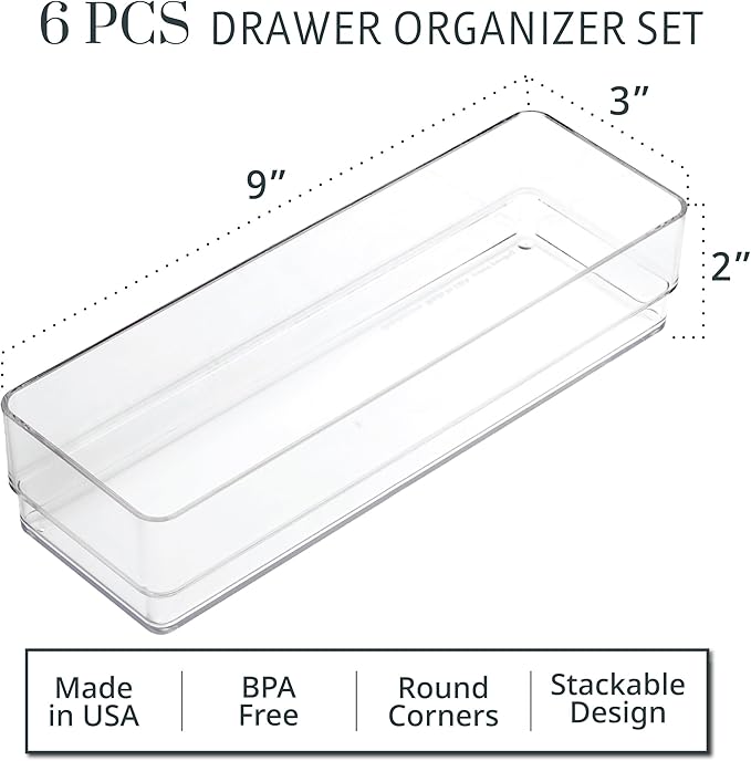STORi SimpleSort 6-Piece Stackable Clear Drawer Organizer Set | 9" x 3" x 2" Rectangle Trays | Narrow Makeup Vanity Storage B