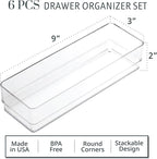 STORi SimpleSort 6-Piece Stackable Clear Drawer Organizer Set | 9" x 3" x 2" Rectangle Trays | Narrow Makeup Vanity Storage B