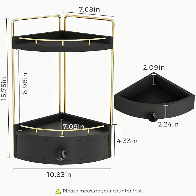 2-Tier Corner Bathroom Counter Organizer with Drawer & Embedded Screw Holes - Wooden Countertop Organizers for Skincare, Make