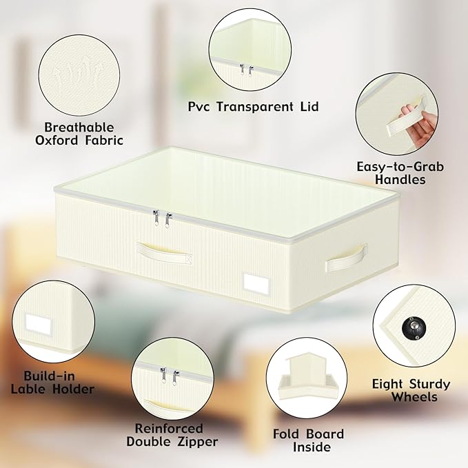 Under Bed Storage with Wheels, No Assemble Required 7.5 inches height Under Bed Storage bins,Large capacity Rolling Underbed 
