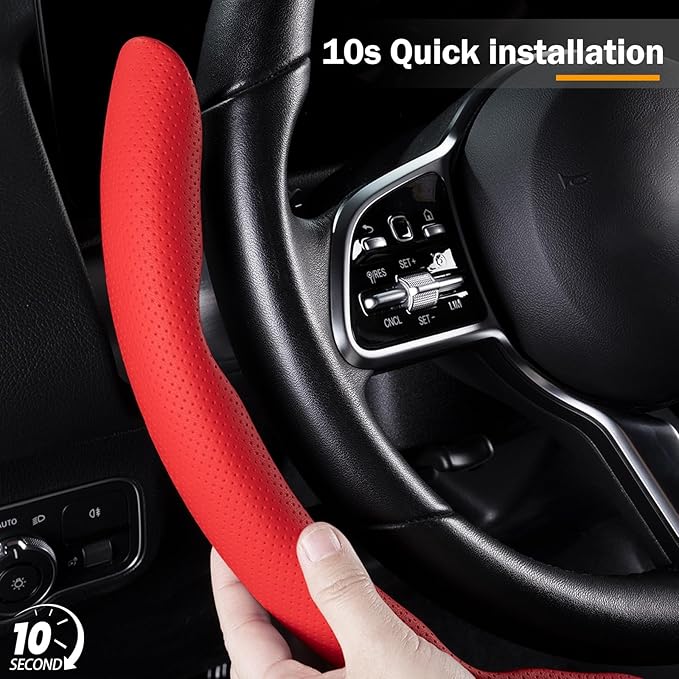 Nappa Leather Car Steering Wheel Cover for Men Women, Ultra-Thin Non-Slip Breathable Microfibre, Universal for 14.5"-15" Stee
