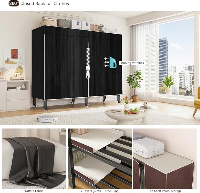 Garment Rack with Cover, Heavy Duty Portable Wardrobe Closet 2000LB, Foldable Clothe Rack with Wheel, Clothes Rack for Hangin