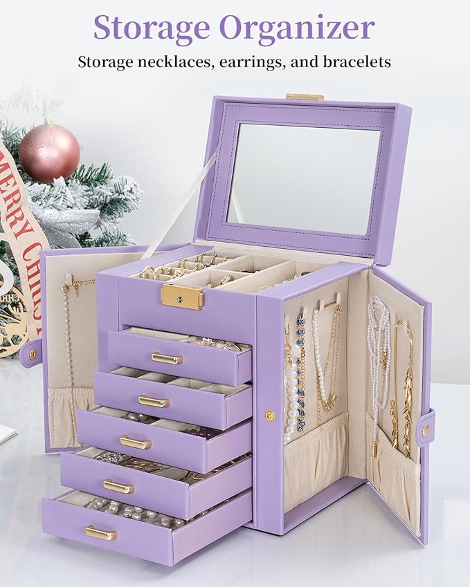 TORIBIO Large Jewelry Box for Women, Leather Jewelry Organizer with Mirror & Lock, 6-Tier Jewelry Storage Case for Girls/Wome