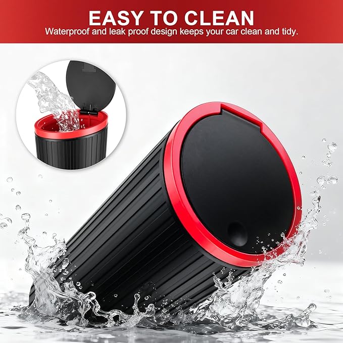 SINGARO Car Trash Can with Lid, Leakproof Mini Garbage Bin for Car Cup Holder, Small Trash Can for Vehicle, Home & Office - Includes 30 Bags, Easy Clean (Black-Red)