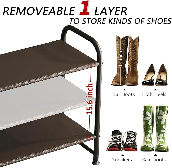 INGIORDAR Shoe Rack 3 Tier Long Storage Organizer Wide Metal Shoe Shelf for Closet Entryway Brown