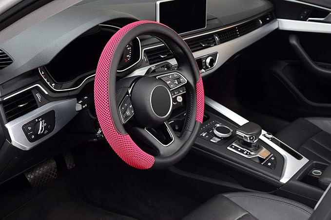 KAFEEK 15 inch Steering Wheel Cover, Cooling Ice Silk Mesh with Microfiber Leather, Heat Resistant, Breathable, Anti-Slip, Su