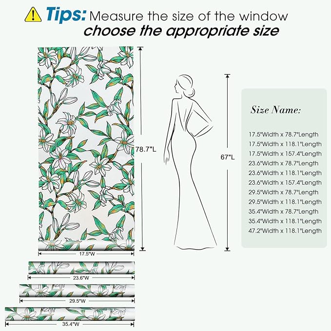 Coavas Static Cling Privacy Window Film, 96% UV & Heat Blocking, Stained Glass Window Film Floral Design, Non-Adhesive, for Bathroom, Front Door, Shower Enclosure‌ (Vinyl, 17.5" X 78.7 ")