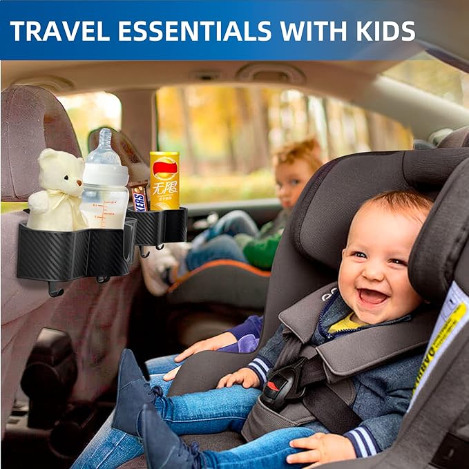 3-in-1 Car Headrest Backseat Organizer with 3.7" Backseat Cup Holder for Car, Seat Back Organizer with Hooks (2pc)