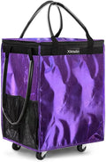 (Medium, Purple) Reusable Grocery Bag on 4 Wheels, Foldable Rolling Tote Carries Up to 66lb Shopping Trolley, Rolling Bag with 3 Handles, Zipper Clouser Rolling Tote Bag with Wheels for Laundry
