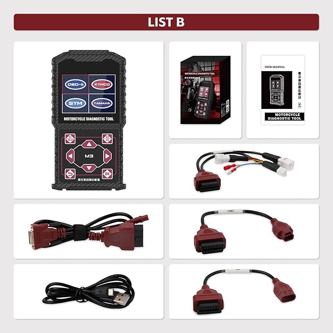 M3-B Motorcycle Diagnostic Tool, OBD2 Scanner for KYMCO 3P, SYM 3P, Yamaha 2/3/4P & OBD2 16P, Motorcycle Code Reader with