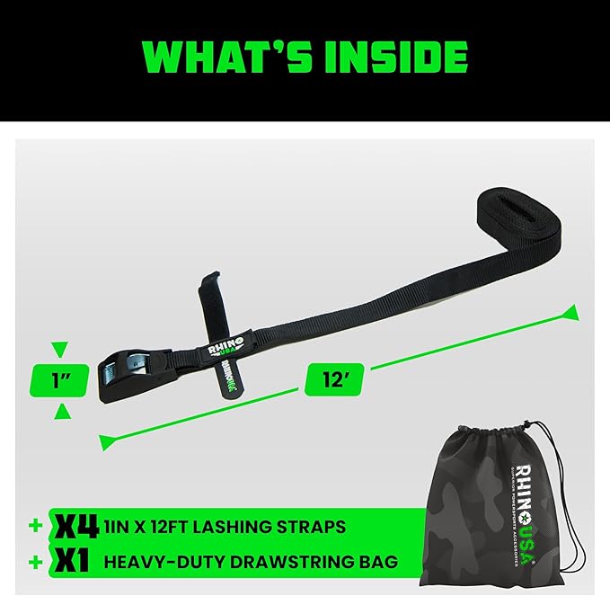 Rhino USA Lashing Straps Cargo Tie Downs (4PK) - 1,320lb lab Inspected Max Break Strength, Includes (4) Heavy Duty 1in x 12ft Cam Buckle Pull Straps. Best for Kayak, Cooler, Cargo
