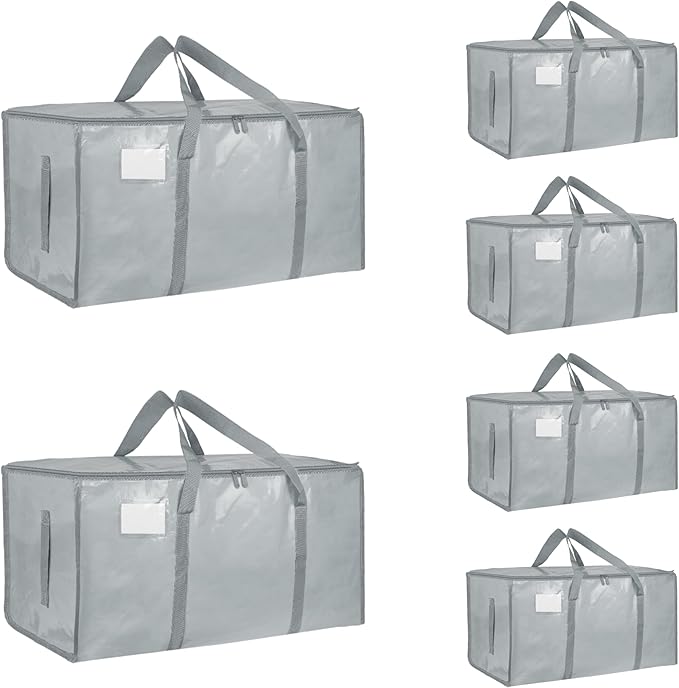 6 Pack-Extra Large Heavy Duty Moving Bags - Waterproof Storage Totes with Handles & Zippers, Foldable for College Dorm, Stora