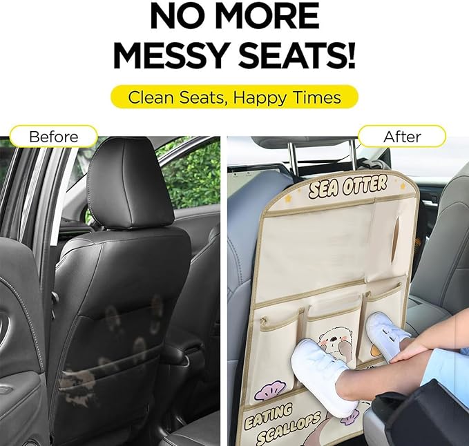 kids Leather Car Backseat Organizer with Foldable Table Tray, Car Storage Organizer with Tablet Holder, Car Seat Back Protectors Kick Mats, Travel Accessories (SEA OTTER)