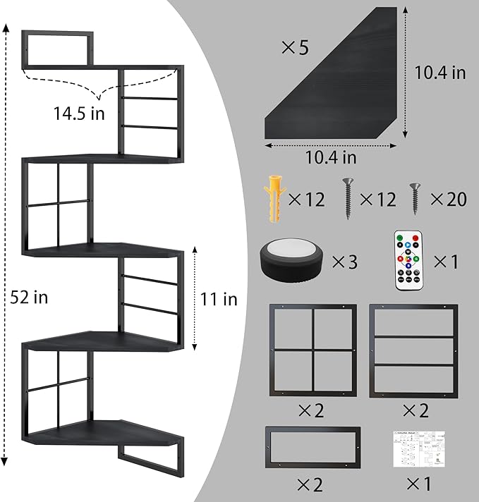 Corner Floating Shelves with Lights - 5 Tiers Corner Shelf Wall Mounted, Bookshelf with LED Light, Floating Shelves for Wall,