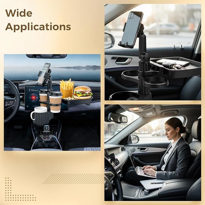 6-in-1 Car Cup Holder Expander with Tray & Phone Mount, Car Food Tray with 360° Rotation Adjustable Base, Car Cup Holder, Ide
