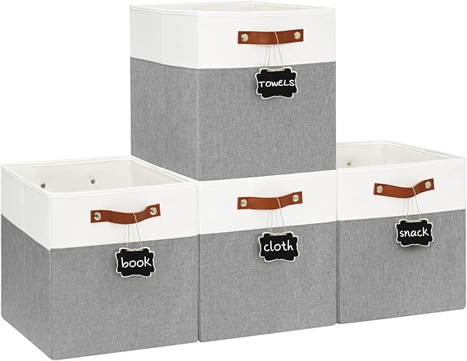 13x13 Storage Cubes 4-Pack, Large Foldable Fabric Cube Storage Bin with Reinforced Bottom and Labels, Organizer Baskets for S