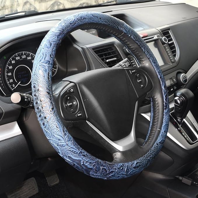Car Steering Wheel Cover Universal 15 Inch Middle Size Auto Anti-Slip Leather Wheel Protector with Flower Grain Design Blue Style