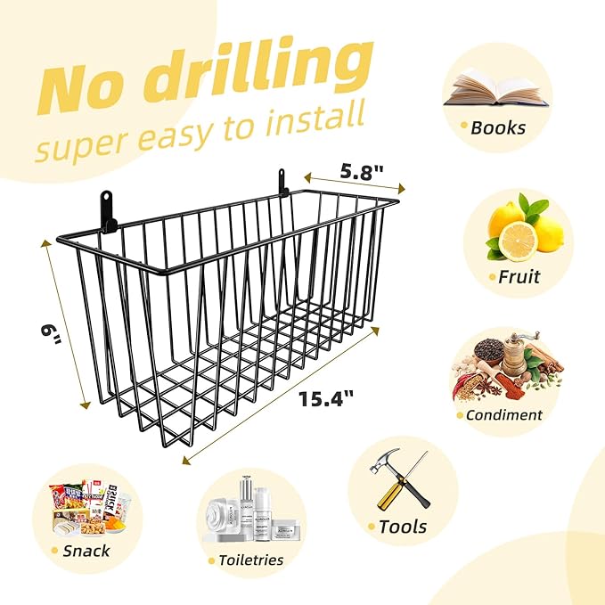 Simple Trending 6 Pack Wire Basket Wall Mount Baskets Hanging Baskets, Cabinets Organizer and Storage with Hooks for Kitchen,