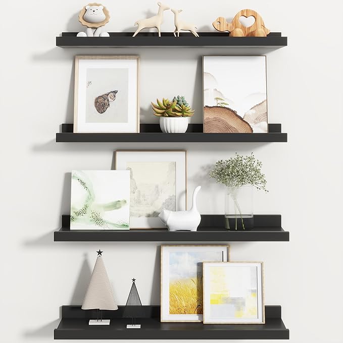 Fun Memories Picture Ledge Shelf, Black Floating Shelves Set of 4, 24 Inch Picture Shelves for Wall with Ledge, Large Nursery