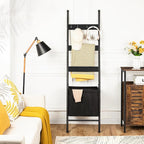 HOOBRO Blanket Ladder with Basket, 17.3”L x 63.4”H, Towel Rack with Hooks, Blanket Holder Rack, Decorative Ladder Shelf, Dryi