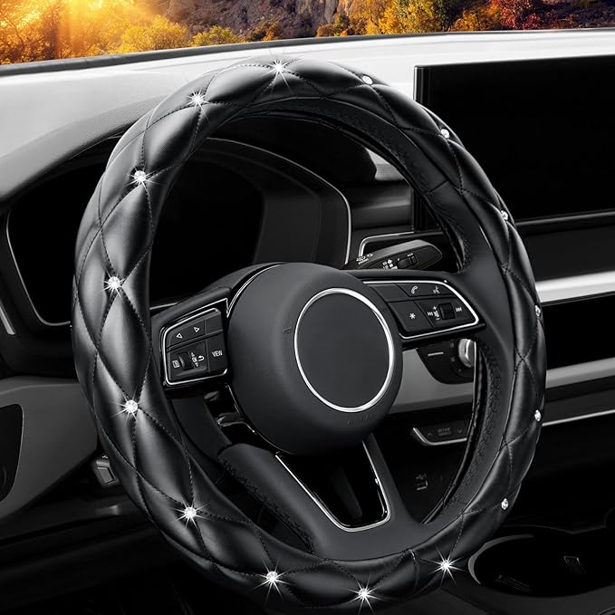 YOGURTCK Diamond Soft Leather Anti-Slip Steering Wheel Cover with Bling Bling Crystal Rhinestones, Universal 15 Inch for Wome