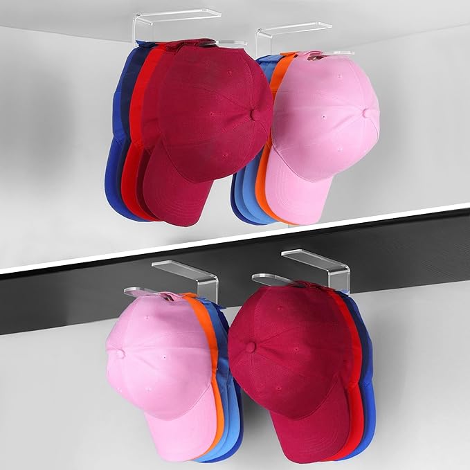 2 Packs Hat Hangers for Wall - Hat Hook Acrylic Baseball Hat Rack Adhesive Baseball Cap Organizer Hat Holder for Wall Closet 