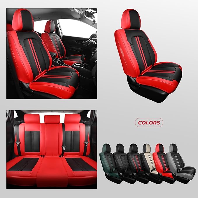 FREESOO Car Seat Covers Full Set, Black Red Waterproof Car Seat Cover, Leather Seat Covers for Trucks, Luxury Car Seat Covers