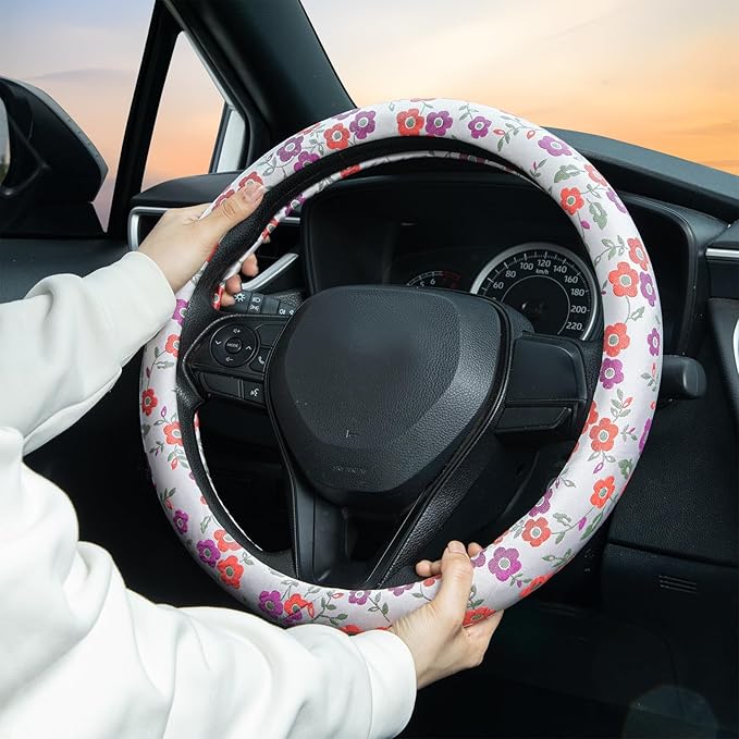 Colorful Flowers Steering Wheel Cover Auto Jacquard Steering Wheel Protector, Anti-Slip, Breathable, Absorbing Sweat, Universal Car Accessories 14.5–15 inch,Fit for Most Car, Trucks, SUV