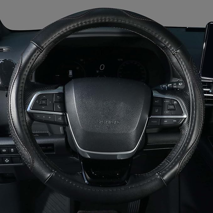 KAFEEK 15 Inch Genuine Top-Grain Leather Steering Wheel Cover, Anti-Slip Diamond Grid Texture, Breathable Cowhide Car Steerin