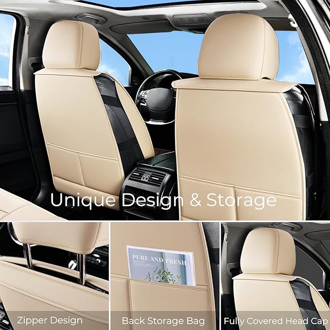 Huidasource Beige Seat Covers Full Set, Nappa Leather Seat Cover Hollow Design Airbag Pops, Front ＆ Back Seat, 5 Layers Seat 