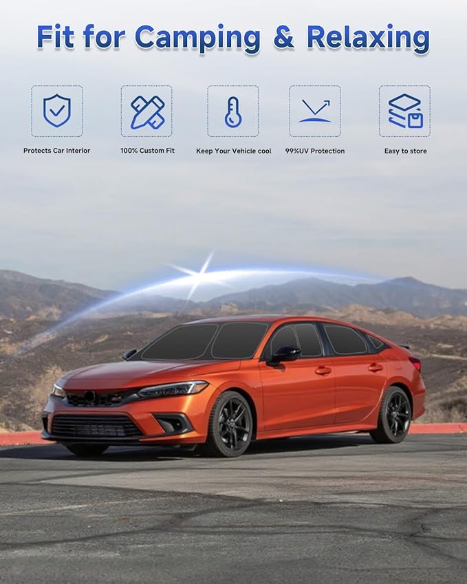 8PCS Window Shades for Honda Civic(2022-2025) Accessories – Full Coverage Sun Shade for Side Windows, Rear Triangular & Windshield – UV Protection & Privacy for Camping, Napping, Relaxing