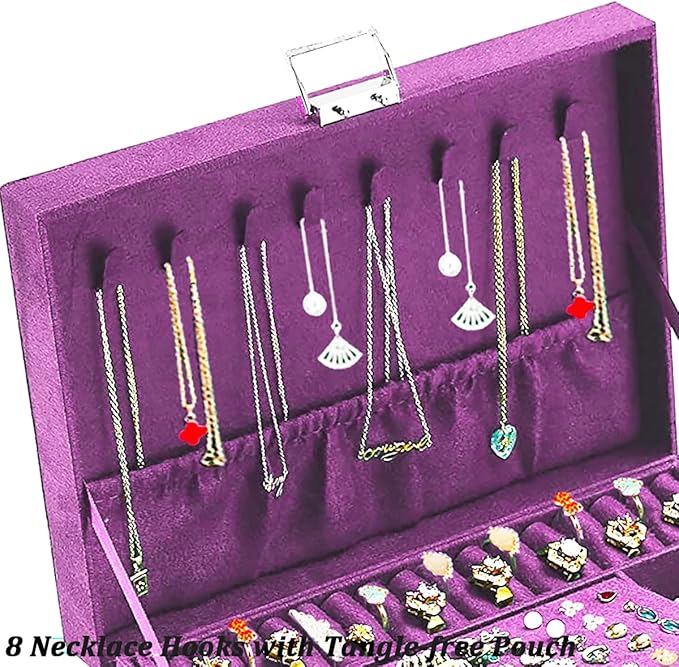 QBestry 3-Layer Jewelry Box for Women with Lock and Key & Drawer, Large Jewelry Organizer with 8 Necklace Hooks & 56 Earring 