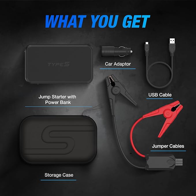 Type S Dynamic Light DL20 1000A Car Battery Jump Starter 12V 6L Gas 3L Diesel LCD Display, Car Jumper Starter Portable Charger, Jump Box, Power Bank, Emergency Hazard Lights, UL Listed - Black