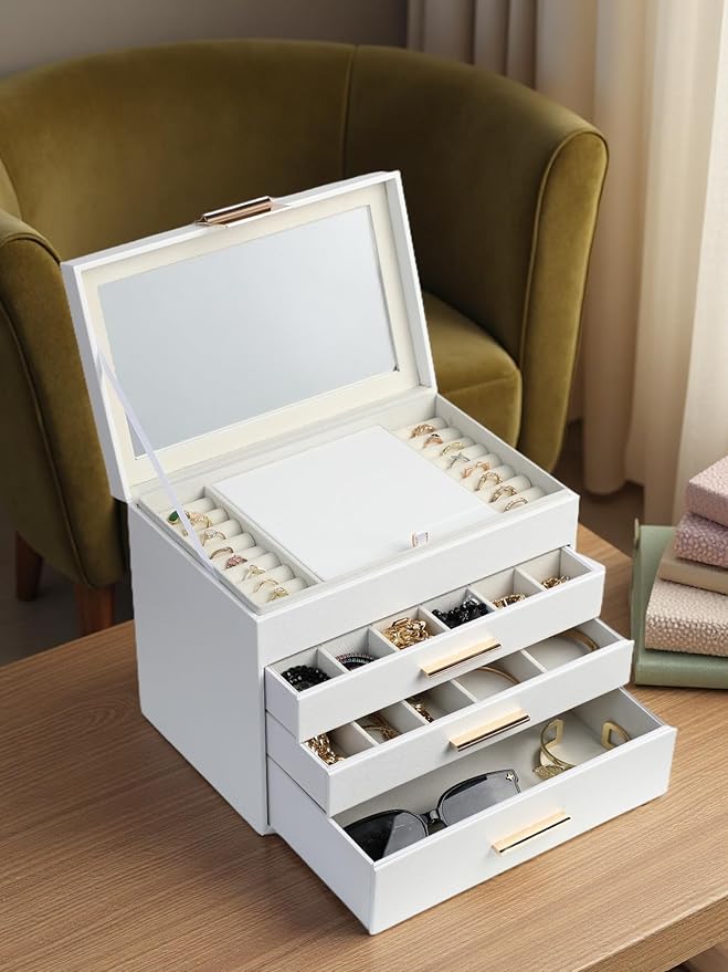 BOOVO Jewelry Boxes for Women, White and Black 6 Layer Large Jewelry Box for Necklace, Bracelet, Earrings, Rings Storage, Jew