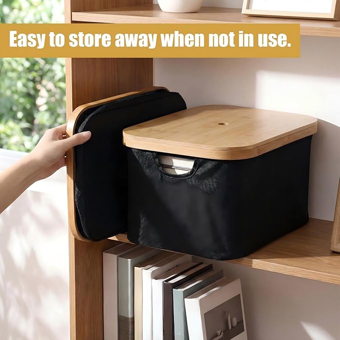 Novabright 2 Pcs Collapsible Storage Basket with Bamboo Lids 15" x 10" Foldable Fabric Storage Bins with Handles for Organizi