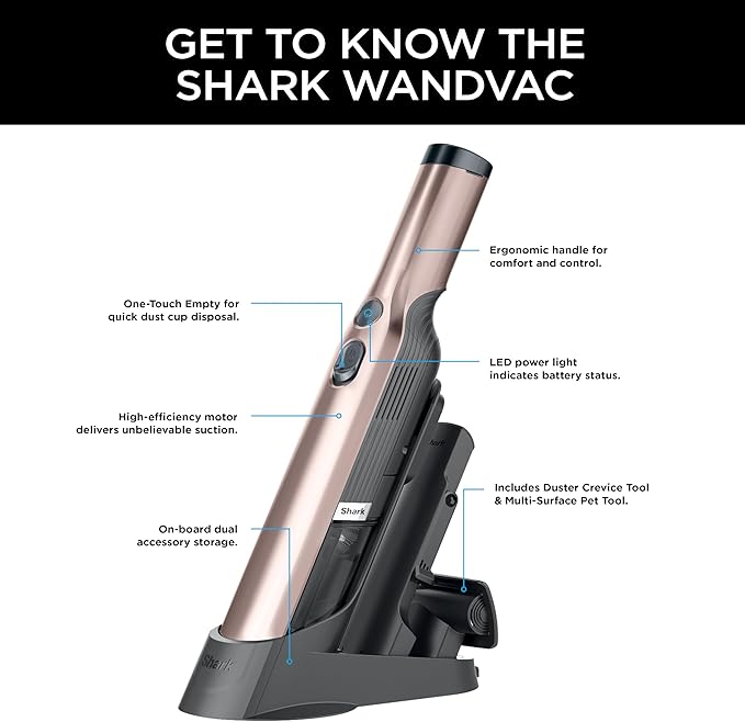 Shark WANDVAC Cordless Hand Vac, Lightweight, Portable at 1.4 lbs., Powerful Suction, Charging Dock, One-Touch Empty for Car 
