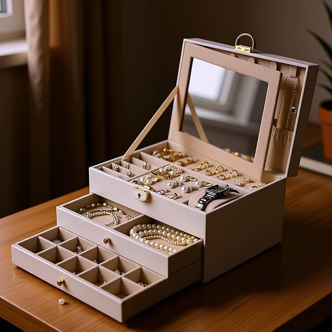 3 Layer Jewelry Boxes for Women with Mirror Large Jewelry Organizer Box with 2 Jewelry Organizer Drawer PU Lockable Elegant U