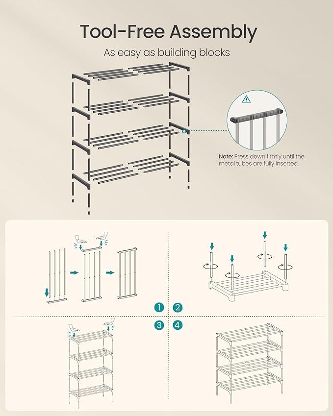 SONGMICS 4-Tier Shoe Rack for Closet, Compact Metal Shoe Organizer Shelf for Entryway, Bedroom, Small Spaces, Stackable, 11.8