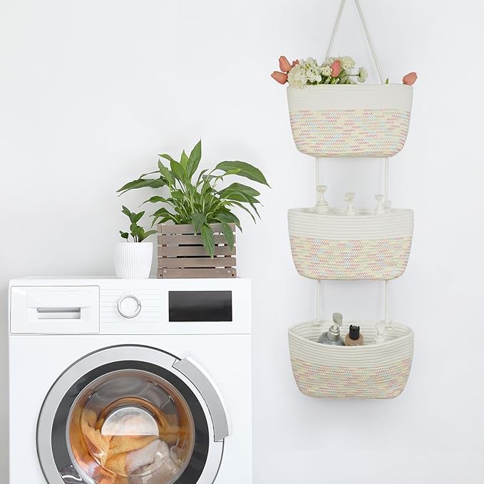 TeoKJ Over the Door Hanging Basket, 3-Tier Woven Cotton Wall-Mounted Storage Organizer Bag Decorative Hanging Nursery Baskets